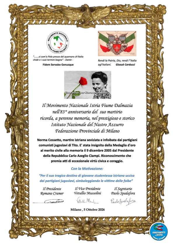 Pergamena intitolata a Norma Cossetto